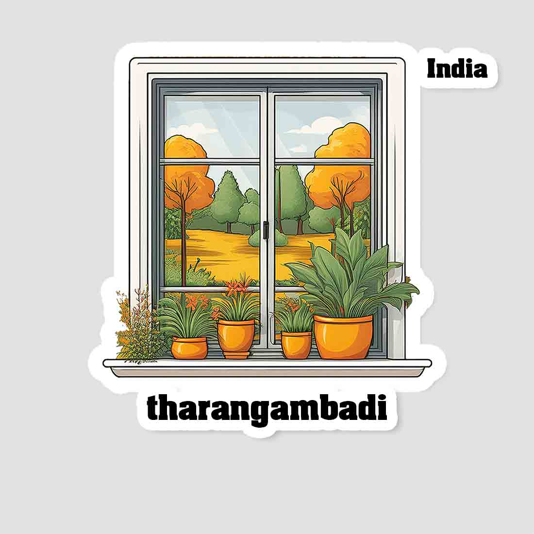 Tharangambadi Home Window White Plants Pots Sticker & Magnet